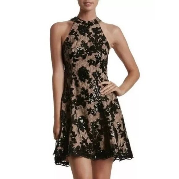Dress the Population Abbie Sequin Lace Fit & Flare Mini Dress Womens Large Black